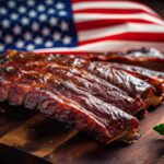 American flag behind a platter of grilled ribs.