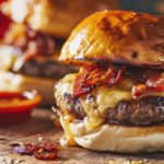 grilled bacon cheeseburgers on a wooden platter