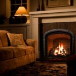 A brown toned living room with a couch and a fireplace