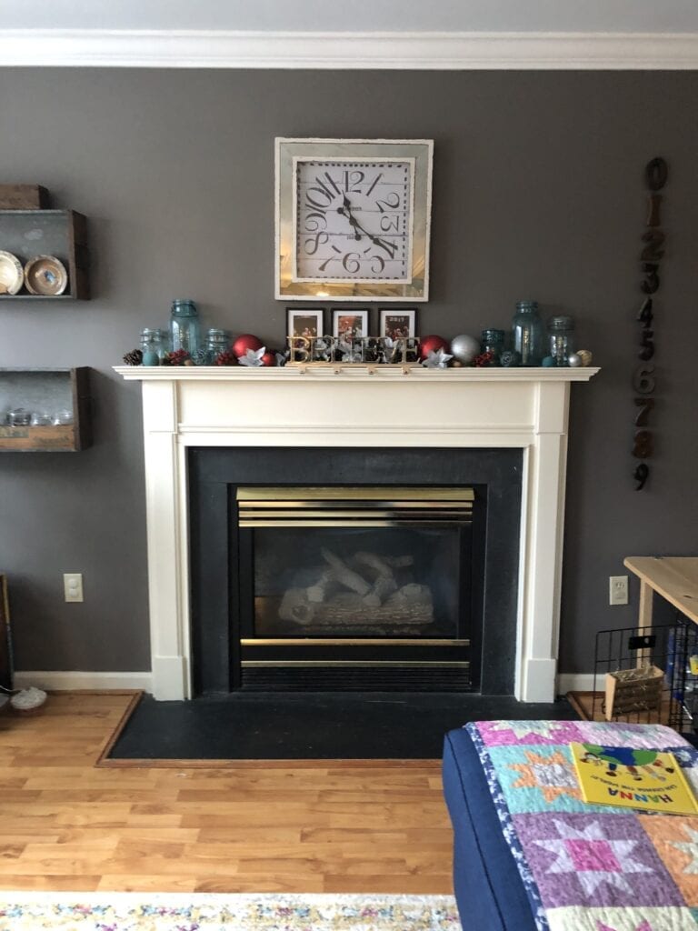 fireplace on grey wall