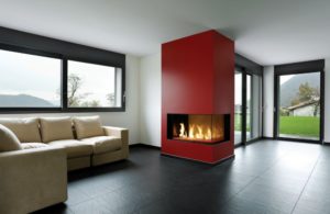 red wall corner fireplace