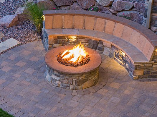 stone firepit with flames