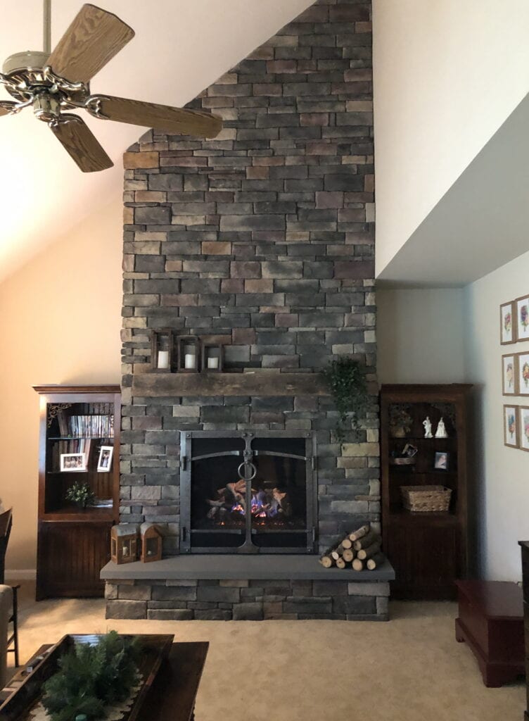 tall stone fireplace
