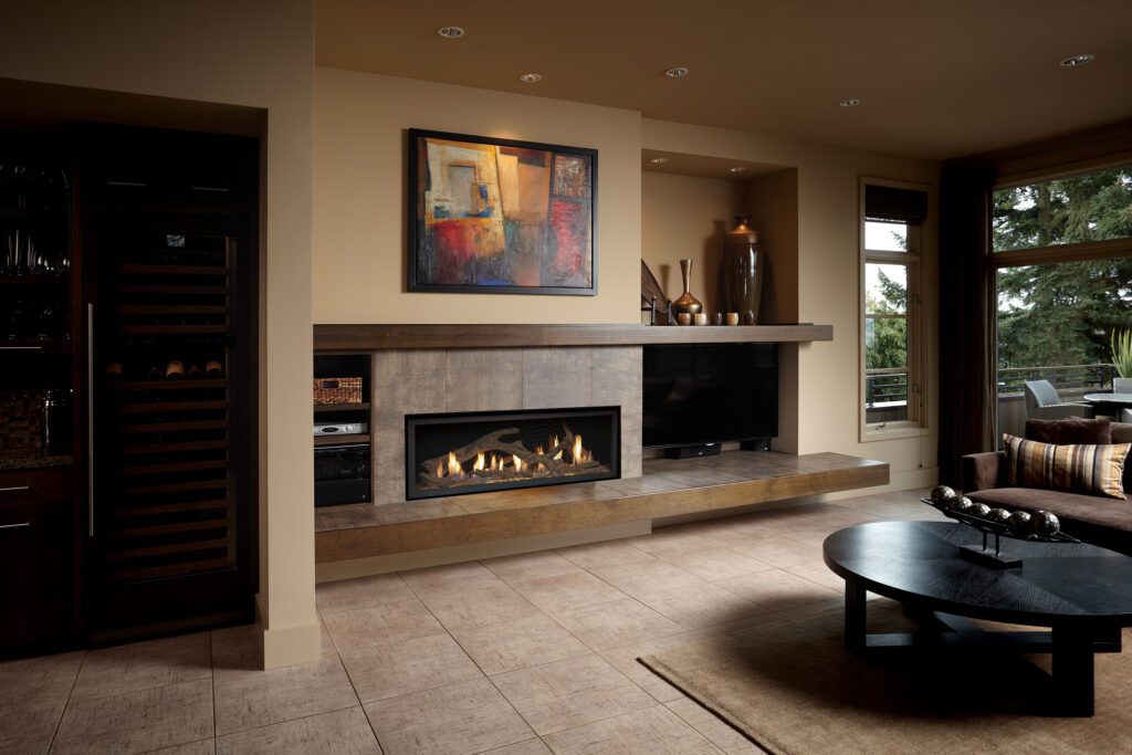 living room with a modern fireplace