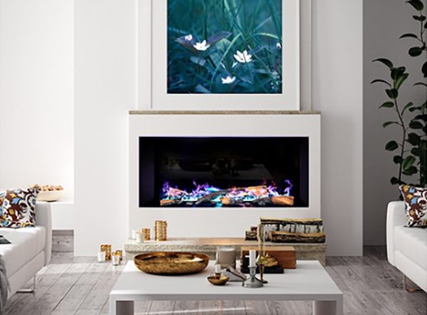 A photo of an elegant fireplace in a living room with white walls.