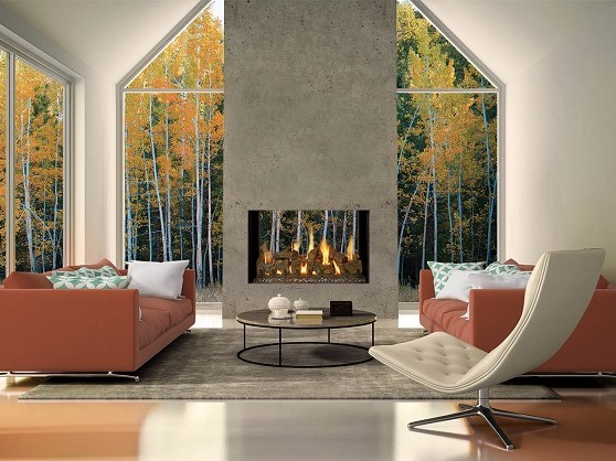 DaVinci Timber Fire fireplace in open, high ceiling living room