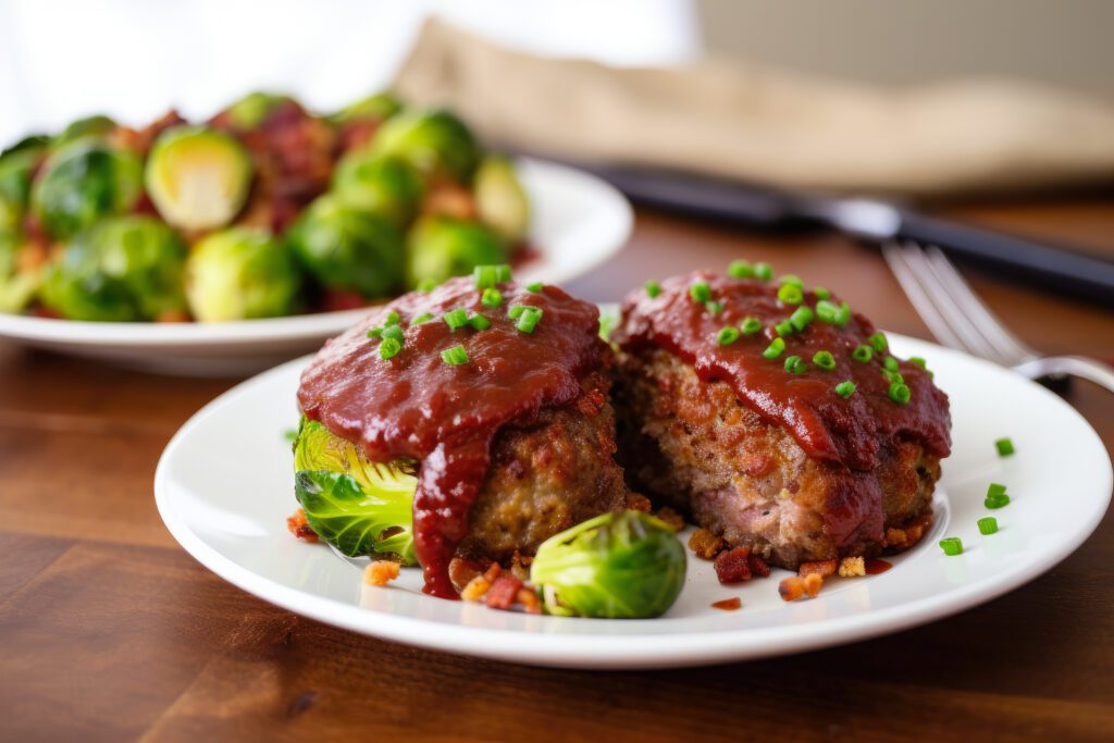 a mini meatloaf on a plate with brussels sprouts