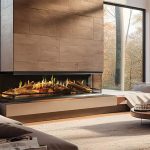 a fireplace built into a wall in a living room and surrounded by large windows